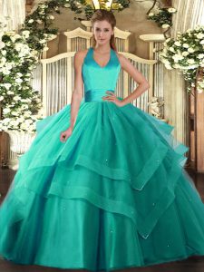 Low Price Floor Length Turquoise Quinceanera Dress Tulle Sleeveless Ruffled Layers