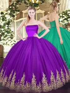 Strapless Sleeveless Tulle Quince Ball Gowns Appliques Zipper