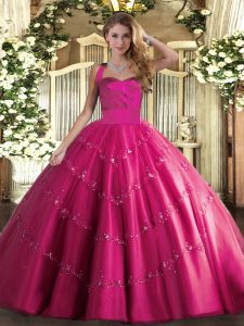 Sumptuous Halter Top Sleeveless Lace Up Quinceanera Gown Hot Pink Tulle