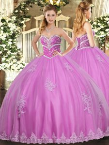 Fancy Rose Pink Ball Gowns Beading and Appliques 15 Quinceanera Dress Lace Up Tulle Sleeveless Floor Length