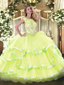 Scoop Sleeveless Lace Up Sweet 16 Dress Yellow Green Organza