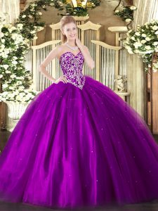 Floor Length Lace Up Sweet 16 Dresses Eggplant Purple for Military Ball and Sweet 16 and Quinceanera with Beading