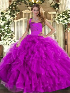 Fuchsia Halter Top Lace Up Ruffles Vestidos de Quinceanera Sleeveless