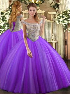 Lavender Ball Gowns Beading Quinceanera Dresses Lace Up Tulle Sleeveless Floor Length