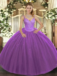 Purple Sleeveless Tulle Lace Up 15 Quinceanera Dress for Military Ball and Sweet 16 and Quinceanera