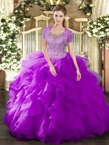 Fuchsia Sleeveless Beading and Ruffled Layers Floor Length Sweet 16 Dress