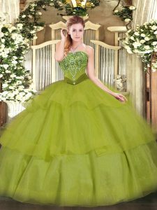 Beading and Ruffled Layers Vestidos de Quinceanera Olive Green Lace Up Sleeveless Floor Length