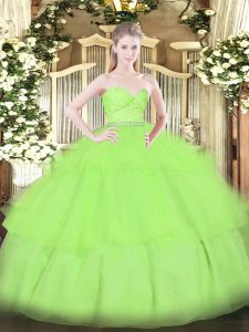 Deluxe Ball Gowns Tulle Sweetheart Sleeveless Beading and Lace and Ruffled Layers Floor Length Zipper Quince Ball Gowns