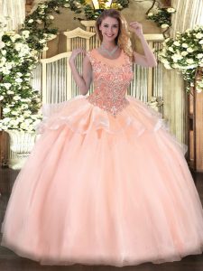 Flirting Sleeveless Organza Floor Length Zipper Quinceanera Gown in Peach with Beading