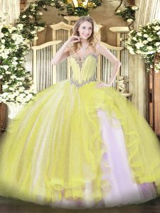 Beauteous Floor Length Ball Gowns Sleeveless Yellow Quinceanera Gown Lace Up