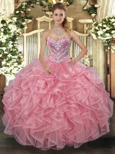 Trendy Pink Tulle Lace Up Ball Gown Prom Dress Sleeveless Floor Length Beading