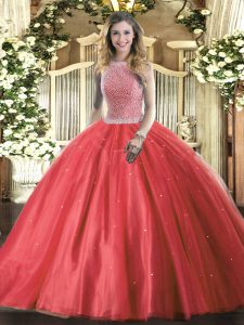 Attractive Red Ball Gowns High-neck Sleeveless Tulle Floor Length Lace Up Beading Vestidos de Quinceanera