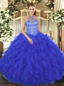 Trendy Royal Blue Sleeveless Floor Length Beading and Embroidery and Ruffles Lace Up 15th Birthday Dress