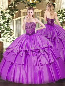 Lilac Organza and Taffeta Lace Up Strapless Sleeveless Floor Length Quince Ball Gowns Beading and Ruffled Layers