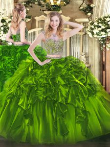 Attractive Olive Green Quinceanera Dresses Military Ball and Sweet 16 and Quinceanera with Beading and Ruffles Scoop Sleeveless Lace Up