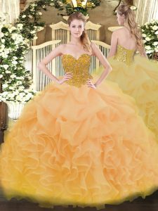 Gold Sleeveless Organza Lace Up Quince Ball Gowns for Military Ball and Sweet 16 and Quinceanera