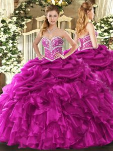 Comfortable Fuchsia Ball Gown Prom Dress Military Ball and Sweet 16 and Quinceanera with Beading and Ruffles and Pick Ups Sweetheart Sleeveless Lace Up