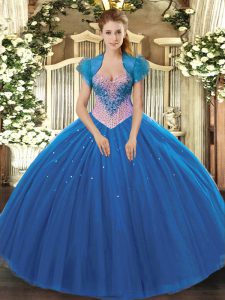 Custom Design Floor Length Ball Gowns Sleeveless Blue Quinceanera Gowns Lace Up