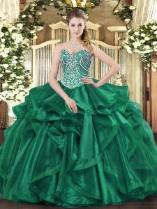 Dark Green Ball Gowns Beading and Ruffles Sweet 16 Dresses Lace Up Organza Sleeveless Floor Length