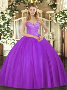 Sleeveless Floor Length Beading Lace Up Quince Ball Gowns with Eggplant Purple