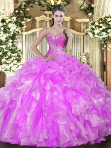 Lilac Sleeveless Floor Length Beading and Ruffles Lace Up Quinceanera Dresses