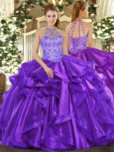 Purple Halter Top Neckline Beading and Embroidery and Ruffles 15 Quinceanera Dress Sleeveless Lace Up