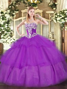 New Style Beading and Ruffled Layers 15 Quinceanera Dress Purple Lace Up Sleeveless Floor Length