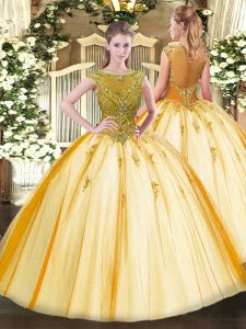 Affordable Gold Scoop Lace Up Beading Quinceanera Dresses Cap Sleeves