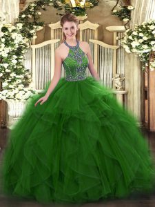 Super Green Lace Up Halter Top Beading and Ruffles Ball Gown Prom Dress Tulle Sleeveless