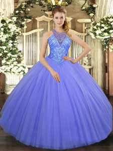 Modest Sleeveless Tulle Floor Length Lace Up Sweet 16 Dresses in Lavender with Beading