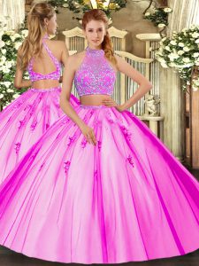 Artistic Fuchsia Criss Cross Halter Top Beading Quinceanera Dress Tulle Sleeveless