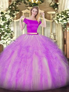 Lilac Two Pieces Appliques and Ruffles Quinceanera Dresses Zipper Tulle Short Sleeves Floor Length