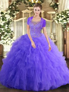 Scoop Sleeveless 15 Quinceanera Dress Floor Length Beading and Ruffled Layers Lavender Tulle