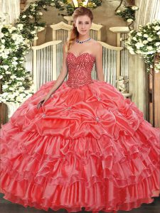 Glamorous Sweetheart Sleeveless Organza Ball Gown Prom Dress Beading and Ruffles and Pick Ups Lace Up