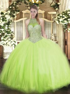 Simple Yellow Green Sleeveless Beading Floor Length Quinceanera Gown