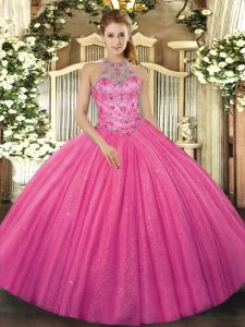 Sleeveless Tulle Floor Length Lace Up Quinceanera Gown in Hot Pink with Beading and Embroidery