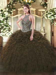 Olive Green Ball Gowns Organza Halter Top Sleeveless Beading and Ruffles Floor Length Lace Up Quince Ball Gowns