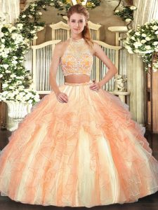 Two Pieces Vestidos de Quinceanera Gold Halter Top Tulle Sleeveless Floor Length Criss Cross