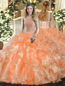 Perfect Orange Red Sleeveless Floor Length Beading and Ruffles Lace Up 15 Quinceanera Dress