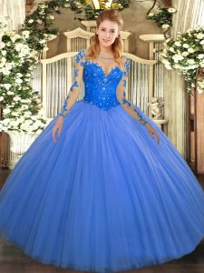 Deluxe Blue Lace Up 15th Birthday Dress Lace Long Sleeves Floor Length