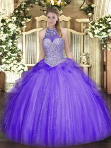 Luxury Beading and Ruffles Sweet 16 Quinceanera Dress Lavender Lace Up Sleeveless Floor Length