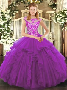 Luxurious Purple Lace Up Sweet 16 Dress Beading and Ruffles Cap Sleeves Floor Length