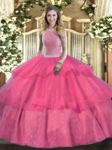 Sleeveless Tulle Floor Length Lace Up Quinceanera Gown in Hot Pink with Beading and Ruffled Layers