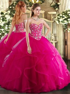 Sleeveless Organza Floor Length Lace Up Sweet 16 Dresses in Fuchsia with Embroidery and Ruffles