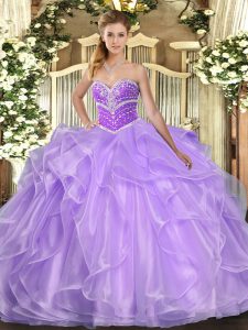 Pretty Lavender Ball Gowns Organza Sweetheart Sleeveless Beading and Ruffles Floor Length Lace Up Sweet 16 Quinceanera Dress