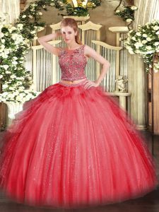 Sleeveless Tulle Floor Length Lace Up Sweet 16 Quinceanera Dress in Coral Red with Beading and Ruffles