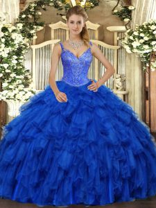 Floor Length Lace Up Sweet 16 Quinceanera Dress Royal Blue for Military Ball and Sweet 16 and Quinceanera with Beading and Ruffles