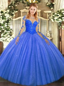 Spectacular Blue Lace Up Scoop Lace Sweet 16 Dress Tulle Long Sleeves