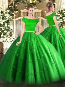 Tulle Off The Shoulder Short Sleeves Zipper Appliques Ball Gown Prom Dress in Green