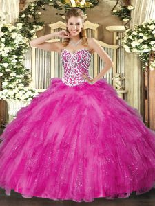 Fuchsia Sweetheart Neckline Beading and Ruffles Quince Ball Gowns Sleeveless Lace Up